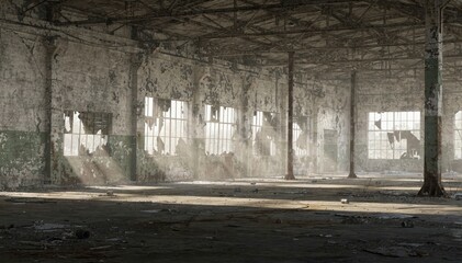 Abandoned Industrial Warehouse with Natural Light and Dust Particles