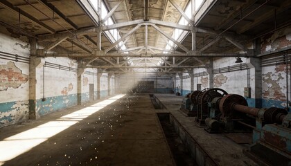 Abandoned Industrial Warehouse with Sunlight Streaming Through Windows