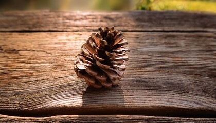 Rustic Autumnal Still Life Featuring A Single Pine Cone On Weathered Wooden Surface