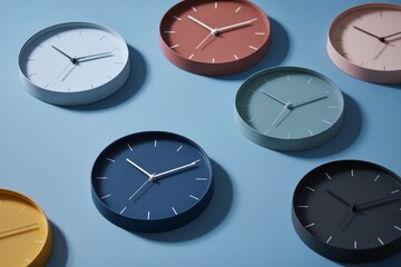 Set of colorful circular wall clock faces without numbers showing different time on blue background