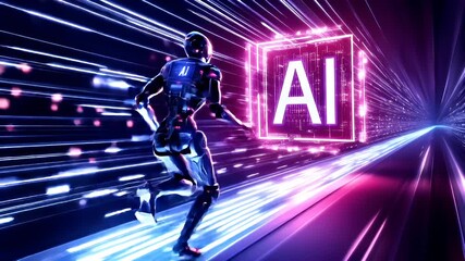 AI. Science technology. Hightech. Hologram. VR. AR. Background. Ai technology digital artwork with a futuristic setting. The main subject is a humanoid robot with a sleek design.