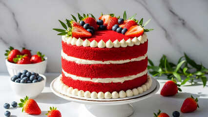Delicious red velvet cake with fresh berries and cream cheese frosting