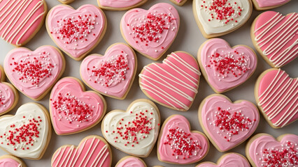 Assorted heart shaped cookies with pink and white icing and sprinkles