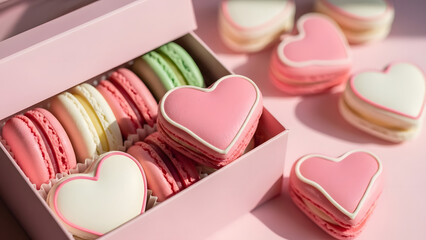 Assorted heart shaped macarons in a pink box and on a table