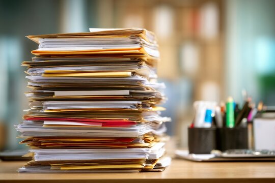 Huge untidy stack of papers and folders on an office desk symbolizing bureaucracy and workload