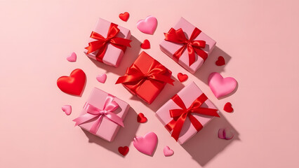 Valentine's day gifts and hearts on pink background