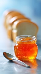 Jelly Jar with Bread Slices and Spoon on Cyan Gradient Background