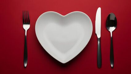 Heart shaped plate with silverware on red background