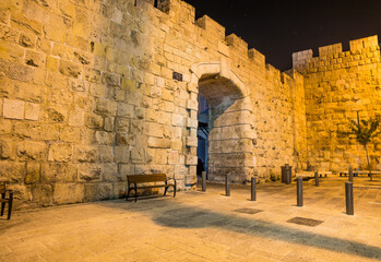 Naklejka premium New Gate in Jerusalem at night, Israel