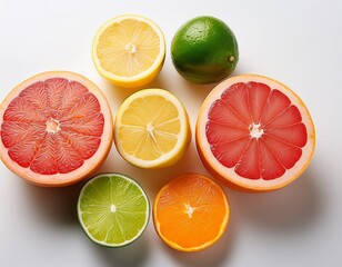 Fototapeta premium fresh colorful citrus fruits including lime lemon and grapefruit sliced open displaying vibrant flesh on clean white background