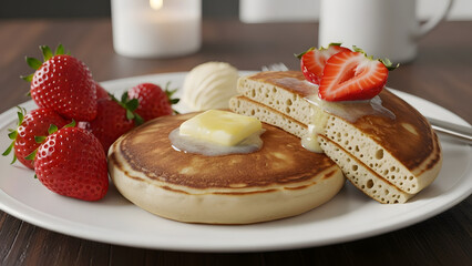 Delicious pancakes with fresh strawberries and whipped cream breakfast