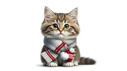Cute kitten holding a red and white baseball