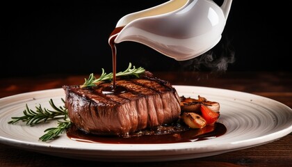 Grilled Steak Is Being Topped With Rich Brown Sauce Poured From A Small Jug Creating A Savory And Appetizing Presentation