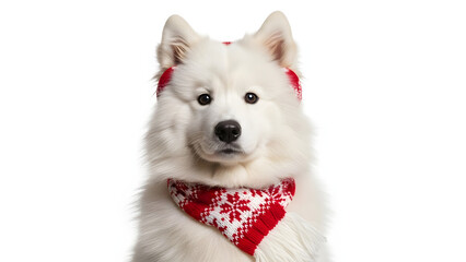 White dog wearing a red christmas bandana on white background