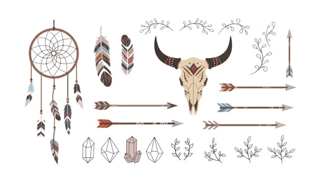 Boho Tribal Dreamcatcher, Skull, and Arrows Vector Set