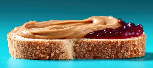PB&J on cyan plate with peanut swirl and clean background split view