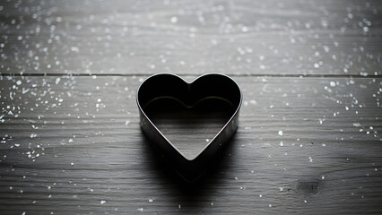 A heart shaped shadow on a wooden surface with rain drops