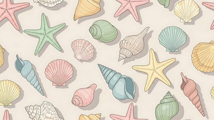 Softly colored seashell and starfish pattern, perfect for summer-themed designs