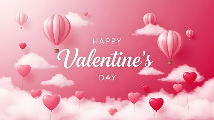 Valentine's day celebration with hot air balloons and hearts