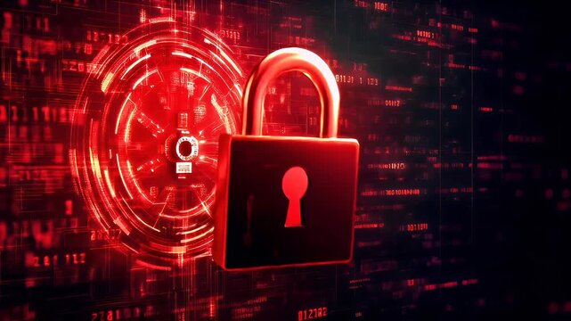 Firewall protection. Internet cyber security. Hightech. Technology. Encryption and decryption. A digital artwork depicting a red padlock on a digital background with binary code.