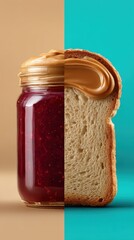 peanut butter and jelly jars on a pastel blue field