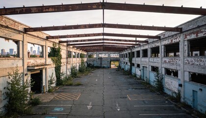 Abandoned Warehouse with Overgrown Plants and Urban Skyline