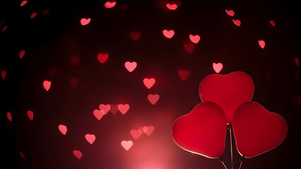 Romantic red heart shaped balloons in dark background with heart lights