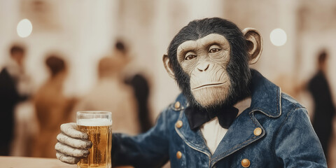 Chimpanzee character in a stylish denim jacket and bow tie, casually holding a beer glass amid the bustling atmosphere of a blurred bar or party setting