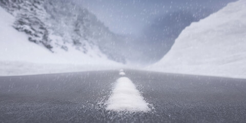 Icy road with a central white line disappearing into the distant mountain pass, experiencing a heavy winter snowfall