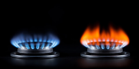 Two gas burners showing a comparison between clean blue flame and orange flame from different combustion levels on a stovetop