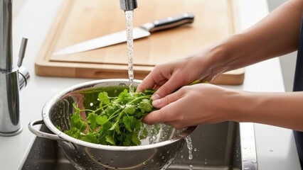 Hands washing fresh green herbs in a metal colander under running water in a kitchen sink
