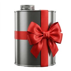 A sleek metal can adorned with a festive red bow, transparent background