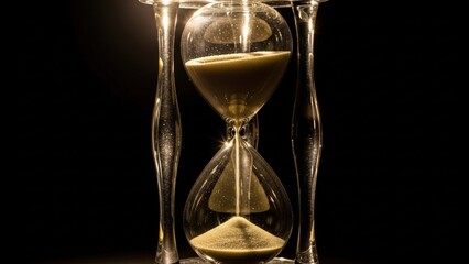 A vintage glass hourglass with sand actively flowing, dramatically lit against a dark background