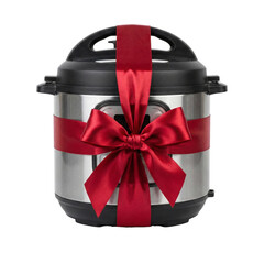 Modern electric pressure cooker wrapped with a festive red bow, transparent background