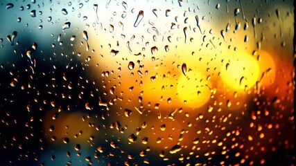raindrops on a window pane during sunset or sunrise, with a bokeh effect in the background and a warm, golden hue from the setting sun. - Powered by Adobe