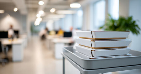 Stack of white cardboard food delivery boxes on a cart in a modern environment with blurred employees working in the background