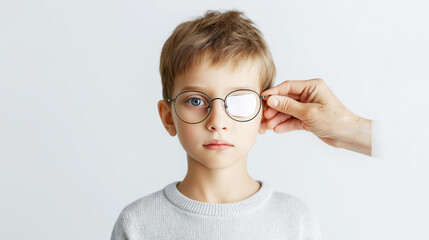 Young boy wearing glasses with an eye patch for amblyopia treatment, hand adjusting patch on spectacle lens