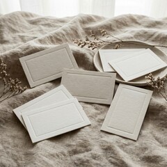 Elegant Blank White Cards Scattered on a Textured Linen Fabric Background.