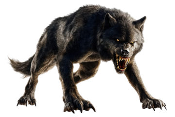 Fierce werewolf monster creature with sharp teeth isolated on transparent background. Menacing werewolf lunges forward isolated on white background.