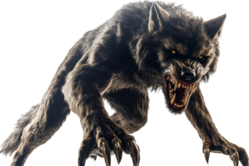 Fierce werewolf monster creature with sharp teeth isolated on transparent background. Menacing werewolf lunges forward isolated on white background.