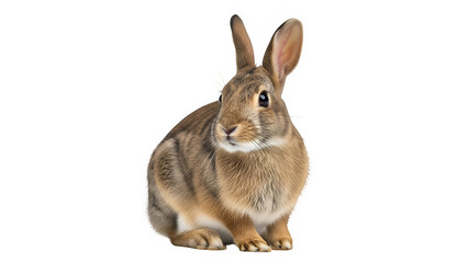 Obraz premium Brown wild rabbit sitting alert, isolated on white or transparent background, high resolution, studio lighting, sharp focus, detailed fur, clean cutout, minimal shadow, PNG format