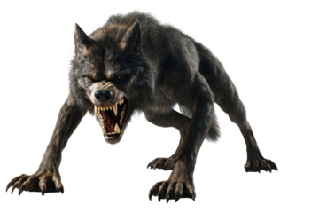 Fierce werewolf monster creature with sharp teeth isolated on transparent background. Menacing werewolf lunges forward isolated on white background.