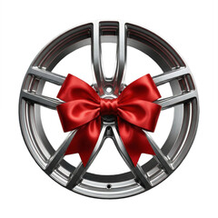 Silver car wheel rim wrapped with a red gift bow, transparent background