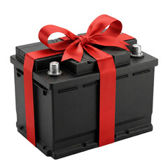 Car Battery Gift Wrapped with Red Ribbon, transparent background