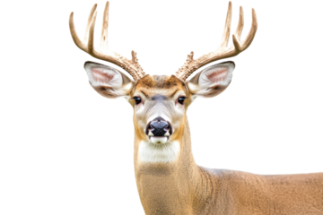 Close up portrait of a majestic buck deer head isolated on transparent background. White tailed deer is standing isolated on white background.