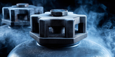 Frozen industrial gas cylinder valve releasing vapor, showing frost building up on metal surface, indicating cryogenic temperatures