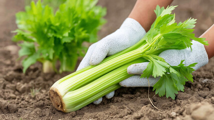 Hands in gloves harvesting a fresh bunch of green celery from rich soil, representing organic farming and healthy lifestyle