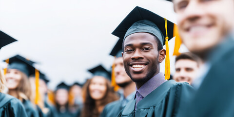 Young man in academic dress smiling confidently, standing amongst diverse classmates after graduation ceremony, representing achievement