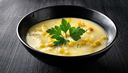 Hearty Corn Chowder Soup Garnished With Fresh Parsley In A Black Bowl