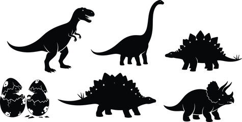 Black silhouettes of various dinosaurs and dinosaur eggs on white background dinosaur silhouettes © MdShidul